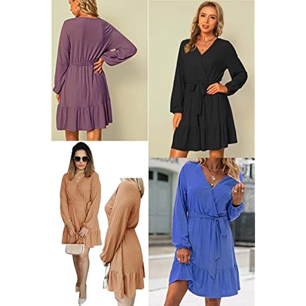 JayscreateEU Vestido de mujer otoño invierno hasta la rodilla cuello en V vestido de punto manga larga cintura alta volantes línea A vestido con cinturón vestido casual vestido festivo elegante, azul,